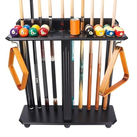 GSE Floor Stand Billiard Pool Cue Racks Only Holds 10 Pool Cue Sticks 2 Drink Holders Billiard Ball Racks and Full Set of Pool Balls (Black)