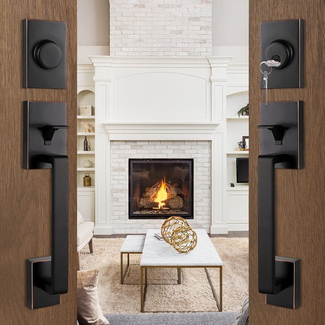 Front Double Door Traditional Style Keyed Entry Door Handleset with Lever Handle in Matte (Keyed and Dummy Set) MDHSTDBSETBR