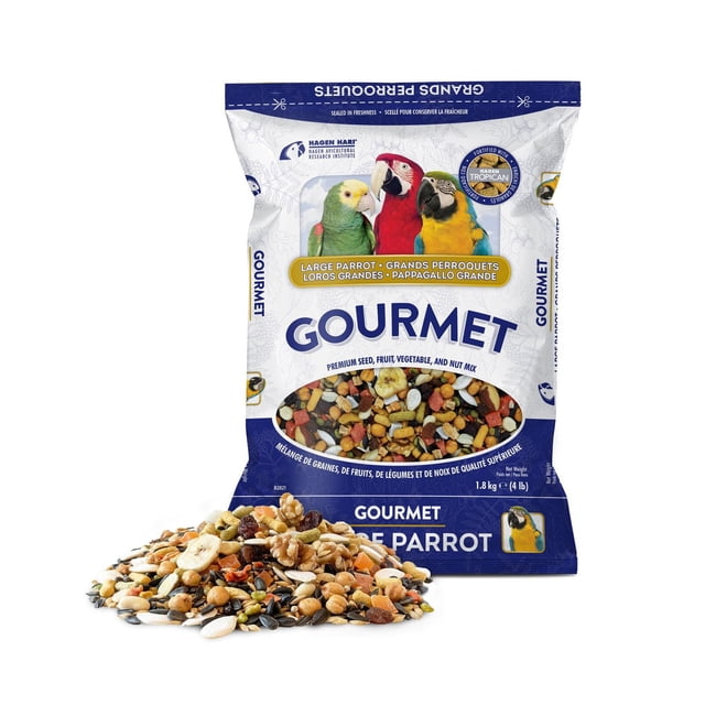 HARI Gourmet Premium Bird Seed Mix for Large Parrots, 1.8 kg bag with front-facing packaging showing images of large parrots including green Amazon, red macaw, and yellow-blue macaw, accompanied by a detailed mix of seeds, nuts, dried fruits, and vegetables in front, formulated for African Greys, Amazons, Cockatoos, Eclectus, and Macaws, fortified with Tropican Lifetime for balanced nutrition.
