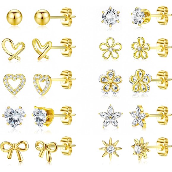 Gold Stud Earrings for Women Hypoallergenic - 14K Gold Plated Surgical Steel Earrings for Sensitive Ear Women Dainty Cute Heart Flower Bow Earrings Set Cubic Zirconia Earrings Studs