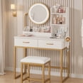 thumbnail image 2 of Vabches Ensemble de Coiffeuse avec Lumières et Miroir Rond, Table de Maquillage Moderne avec Tabouret et 2 Tiroirs, Blanc, 2 of 12