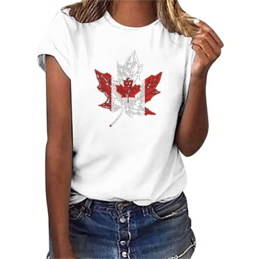 Povozer Women Canada Day Shirts Canada Flag Graphic Tshirt Maple Leaf Tee Tops(White,L)