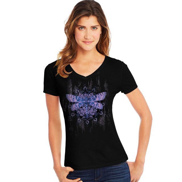 Hanes T-Shirt à Manches Courtes Col en V pour Femmes, G, Mandala Libellule/noir