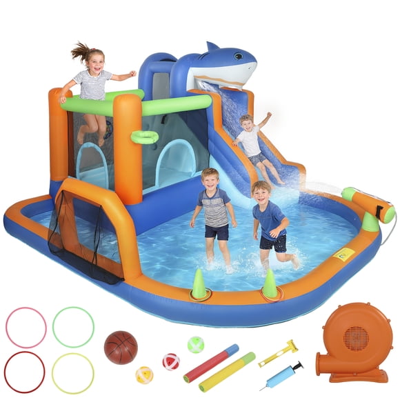 Qaba Sharks Theme Inflatable Bounce House for Kids with Slide, Blue