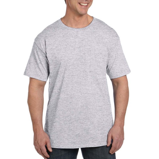 Hanes Men's Short Sleeve Beefy-T Pocket T-Shirts, Ash, Large