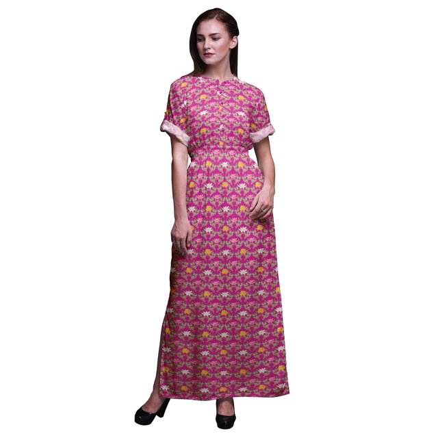 Bimba Robe Longue d'Été en Rayonne à Manches Kimono Imprimée de Quarts de Feuille et de Nénuphar à Fleurs avec Fente - Petit