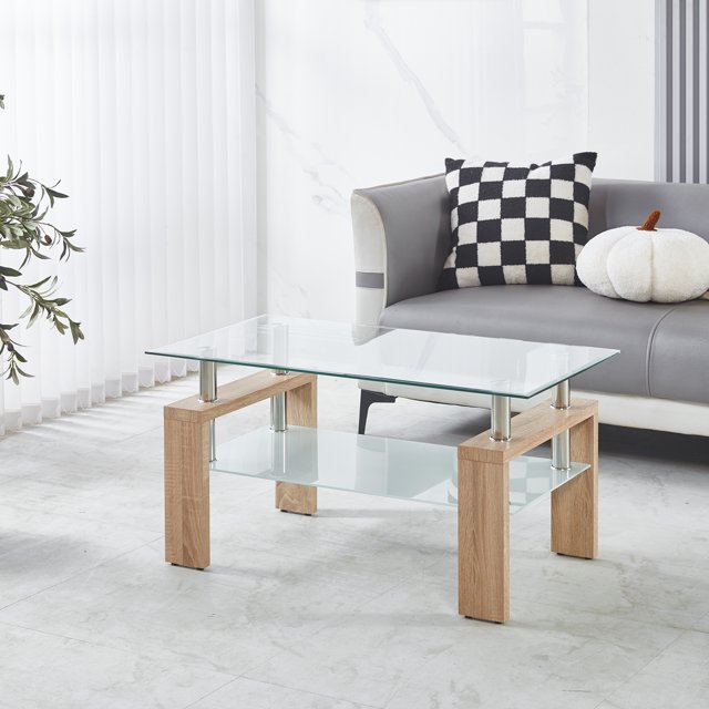 Natural ,Tempered Clear Glass Coffee Table, Modern Side Center Tables for Living Room, Living Room Furniture