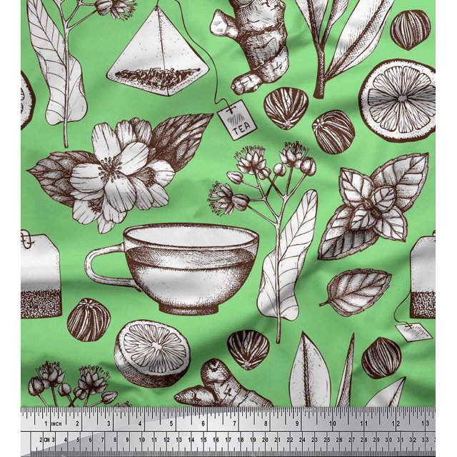 Soimoi Poly Georgette Fabric Tea Cup,Lemon Slice & Ginger Vegetable Print Sewing Fabric Yard 52 Inch Wide