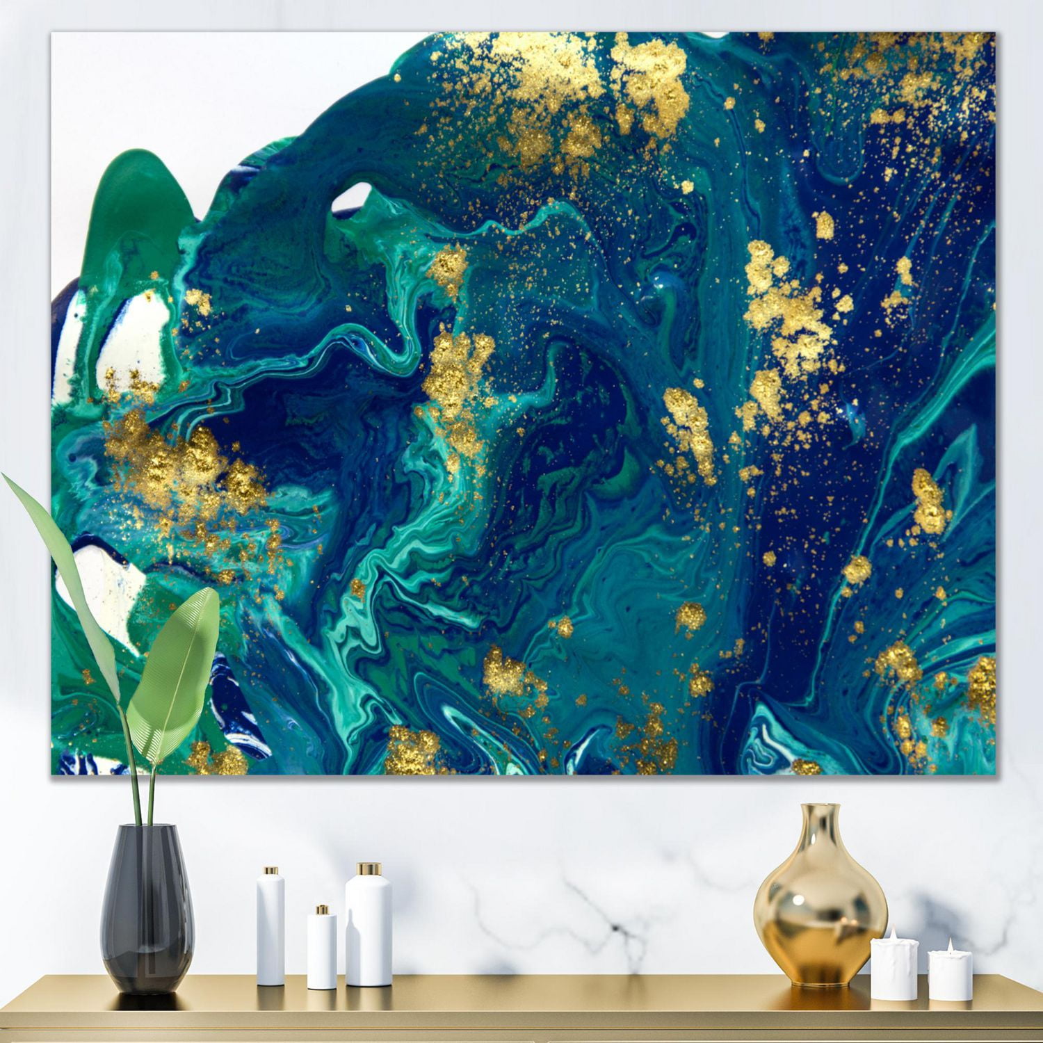 Designart Marbre doré sur univers bleu foncé Art mural sur toile