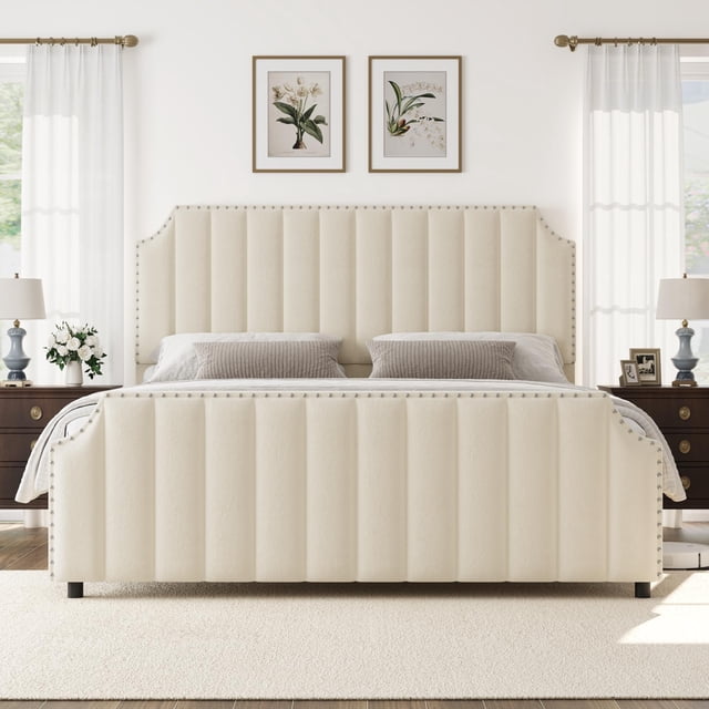 GloryStar Bed Frame with 50.2" Tall Headboard, Velvet Upholstered Bed Frame with Vertical Channel Tufted Headboard & Footboard, Nailhead Trim, No Box Spring Needed