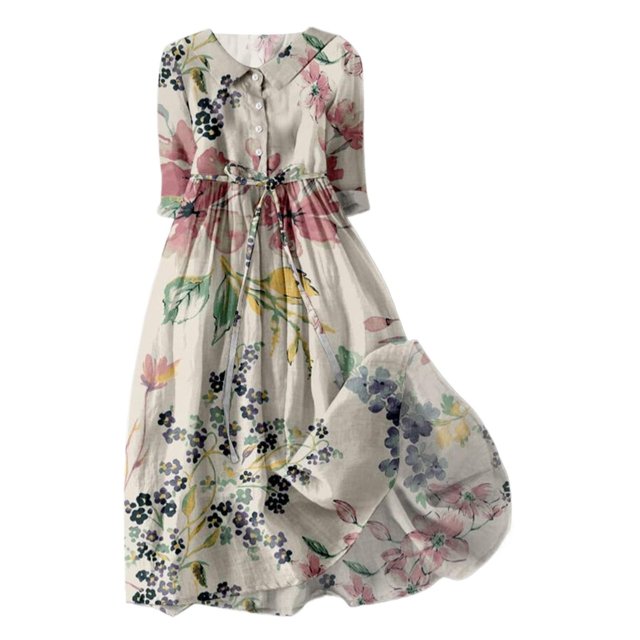 Pisexur Robe d'Automne pour Femme 2024 Mode Robe de Retour à la Maison à Imprimé Floral Manches Courtes Col Rabattu Robe Maxi Décontractée Fluide Tunique à Col en V Boutonnée avec Cordon Robe de Vacances Robe Grande Taille P-4TG