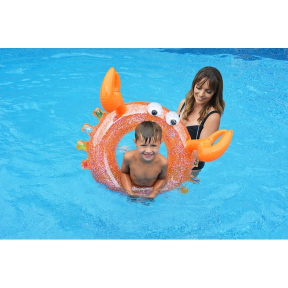 Bouée de piscine gonflable en forme de crabe 3D rouge et orange avec paillettes et yeux googly – Bluescape, 30 po, pour les enfants de 3 Ans et plus