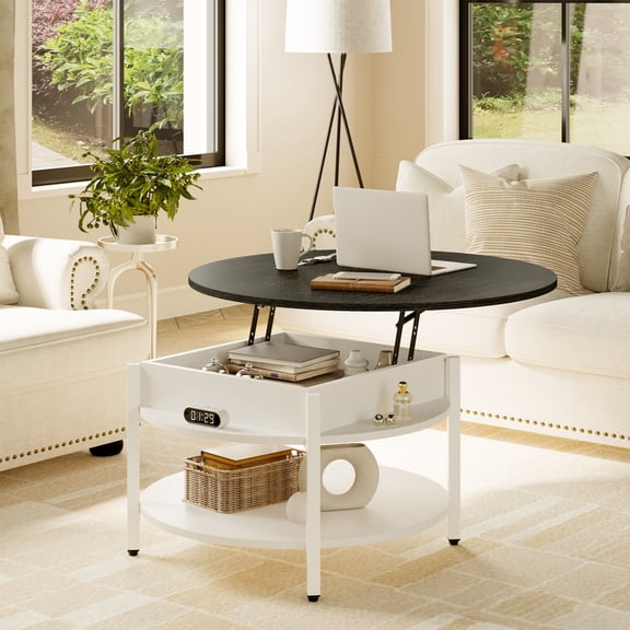 GUNAITO Table Basse Ronde à Plateau Relevable avec Rangement, Blanc