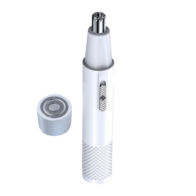 EGNMCR New Automatic Electric Nose Hair Trimming USB Charging Nose Hair Device Combo Nose Hair Nose trimmer shown in a sleek white design with a textured grip and a compact cylindrical shape. Includes an additional cutter attachment for versatile grooming. Ideal for trimming nose hair, eyebrows, and fine facial hair. Features a USB charging port and ergonomic design for comfortable use. Compact size of 16x5x3.5 cm, suitable for travel or home use.