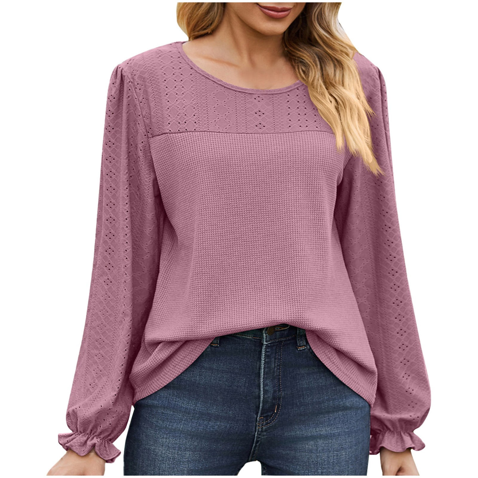 Timegard Blouse for Women Eyelet Scoop Neck Ruffle Long Sleeve Tops Fall Casual Comfy Tops Solid Color