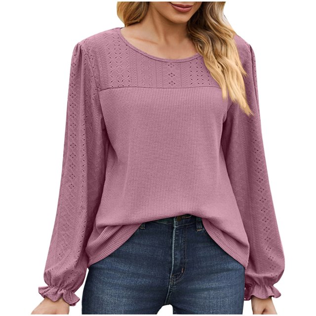 Timegard Blouse for Women Eyelet Scoop Neck Ruffle Long Sleeve Tops Fall Casual Comfy Tops Solid Color