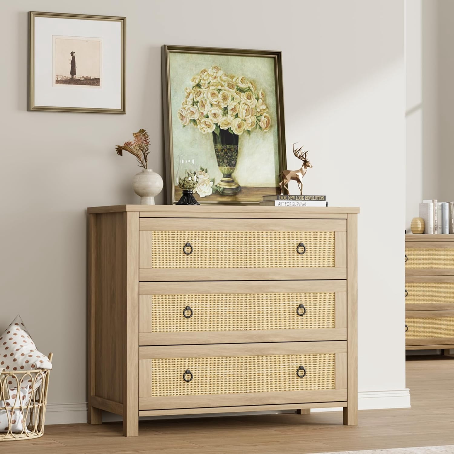 Zzistar Rattan 3 Dresser for Bedroom, 29" Tall Dresser, Boho Tall Drawer Dresser with Storage, Wooden Closet Dressers Chest of Drawers Freestanding for Bedroom, Nursery, Living Room