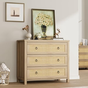 Zzistar Rattan 3 Dressing pour chambre, 29" Dressing haut, Boho Dresser haut avec rangement, Dressers en bois dressing coffre de tiroirs autoportant pour chambre, crèche, salon