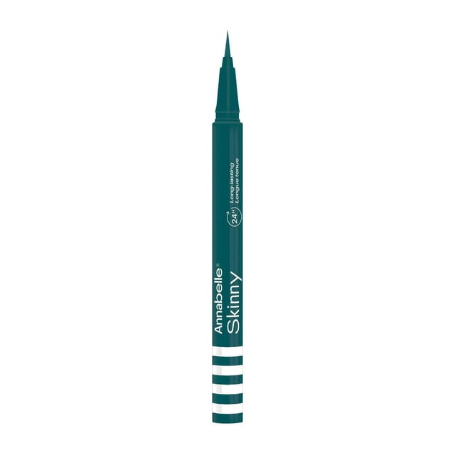 Annabelle Skinny Multi-Use Liquid Liner in green with a slim pen design and precise brush tip, featuring 24-hour long-lasting formula and intense pigmentation for smooth application on eyes and body, also ideal for creative body art.