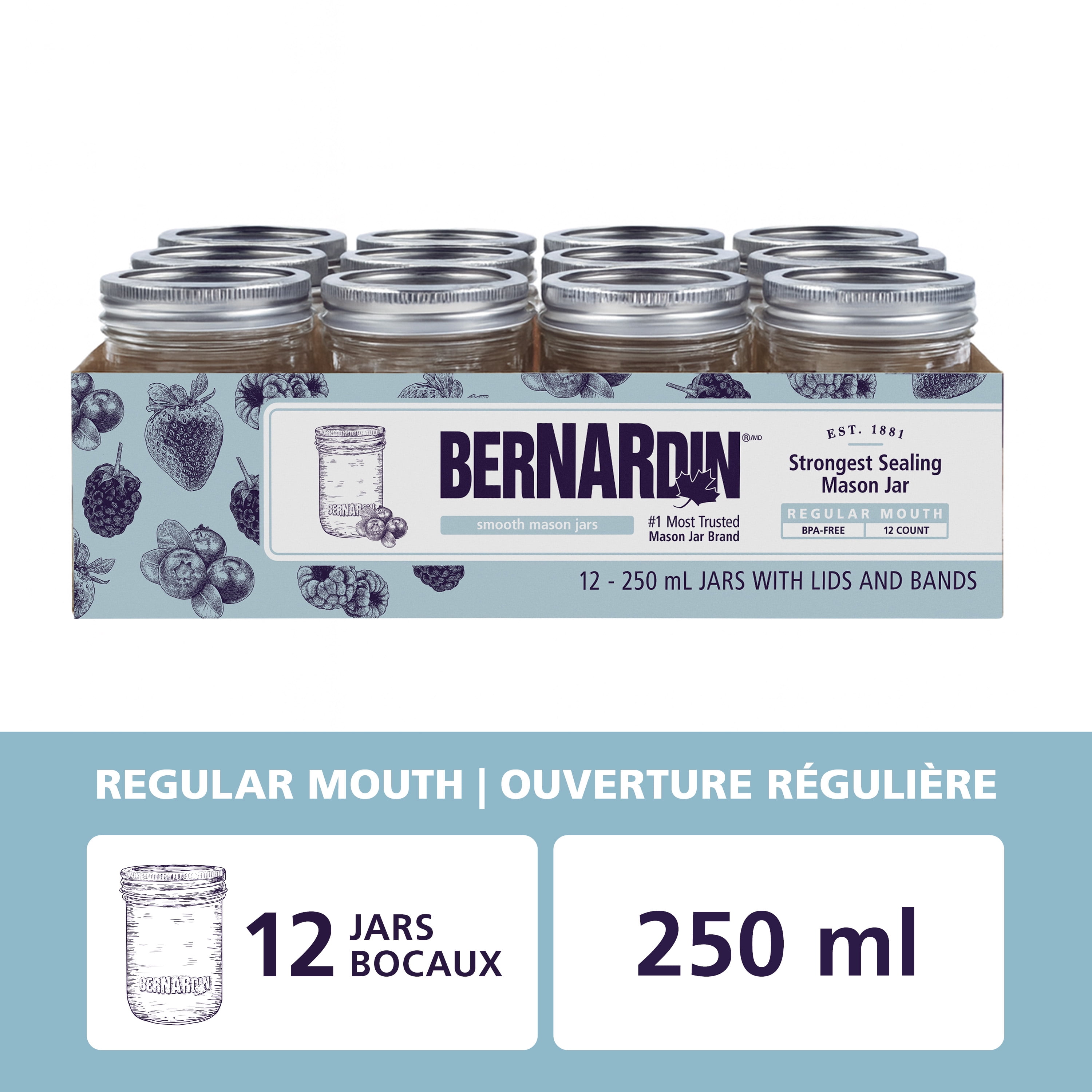 Bernardin Smooth-Sided Mason Jars, Regular Mouth, 250 mL, 12 Count