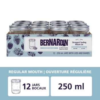 Bernardin Smooth-Sided Mason Jars, Regular Mouth, 250 mL, 12 Count