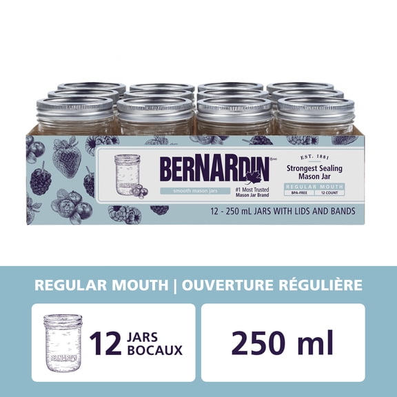 Bocaux lisses Bernardin à ouverture régulière, 250&nbsp;ml, 12&nbsp;unités