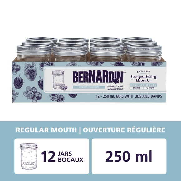Bernardin Smooth-Sided Mason Jars, Regular Mouth, 250 mL, 12 Count