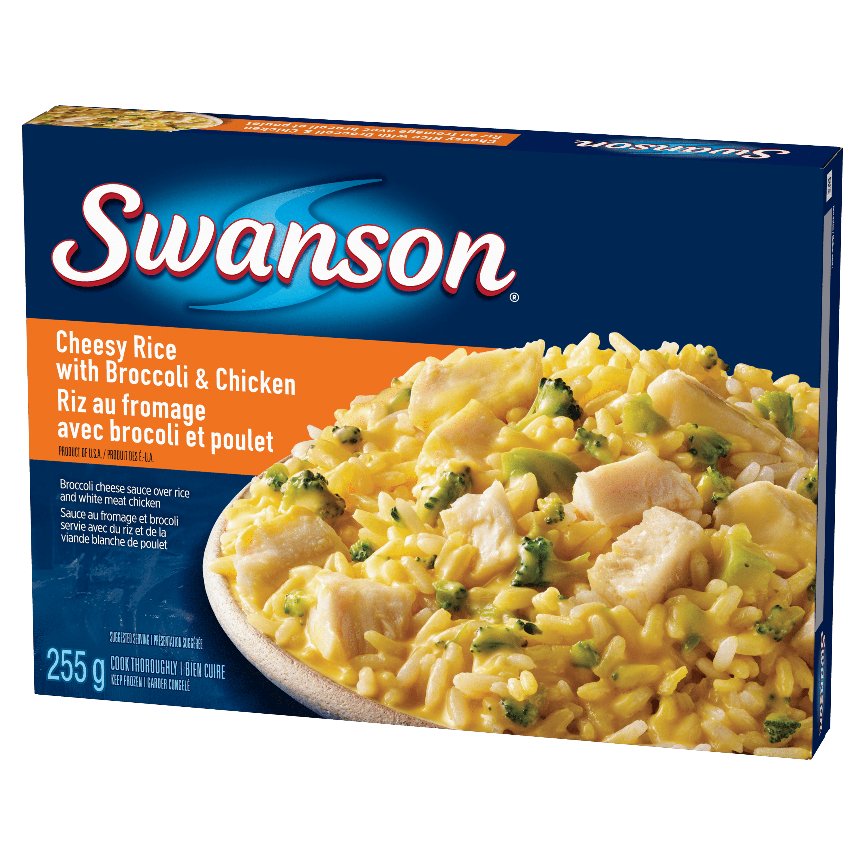 Swanson Riz au fromage avec brocoli et poulet dîner glacé, Sauce au fromage et brocoli servie sur du riz et de la viande blanche de poulet Swanson Riz au fromage avec brocoli et poulet, 255g