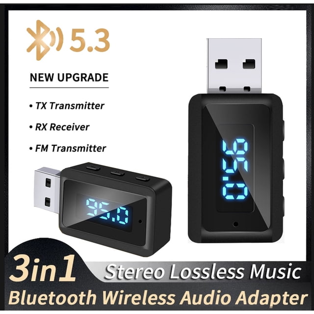 Car Bluetooth 5.3 Charger FM Transmitter with a USB design and LED display showing 95.0 MHz. This 3-in-1 device serves as a Bluetooth transmitter, receiver, and FM transmitter, supporting hands-free calls and stereo lossless music. Compatible with 12-24V vehicles, including cars, SUVs, and trucks, for improved in-car audio.