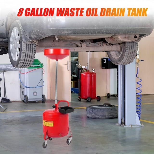 BeesClover 8/20 Gallon Waste Oil Drain Tank with Wheels, Adjustable Funnel (28-62 Inches), Tool Box & Large Capacity. Ideal for Multiple Oil Changes in Auto Repair Shops and Garages.Red