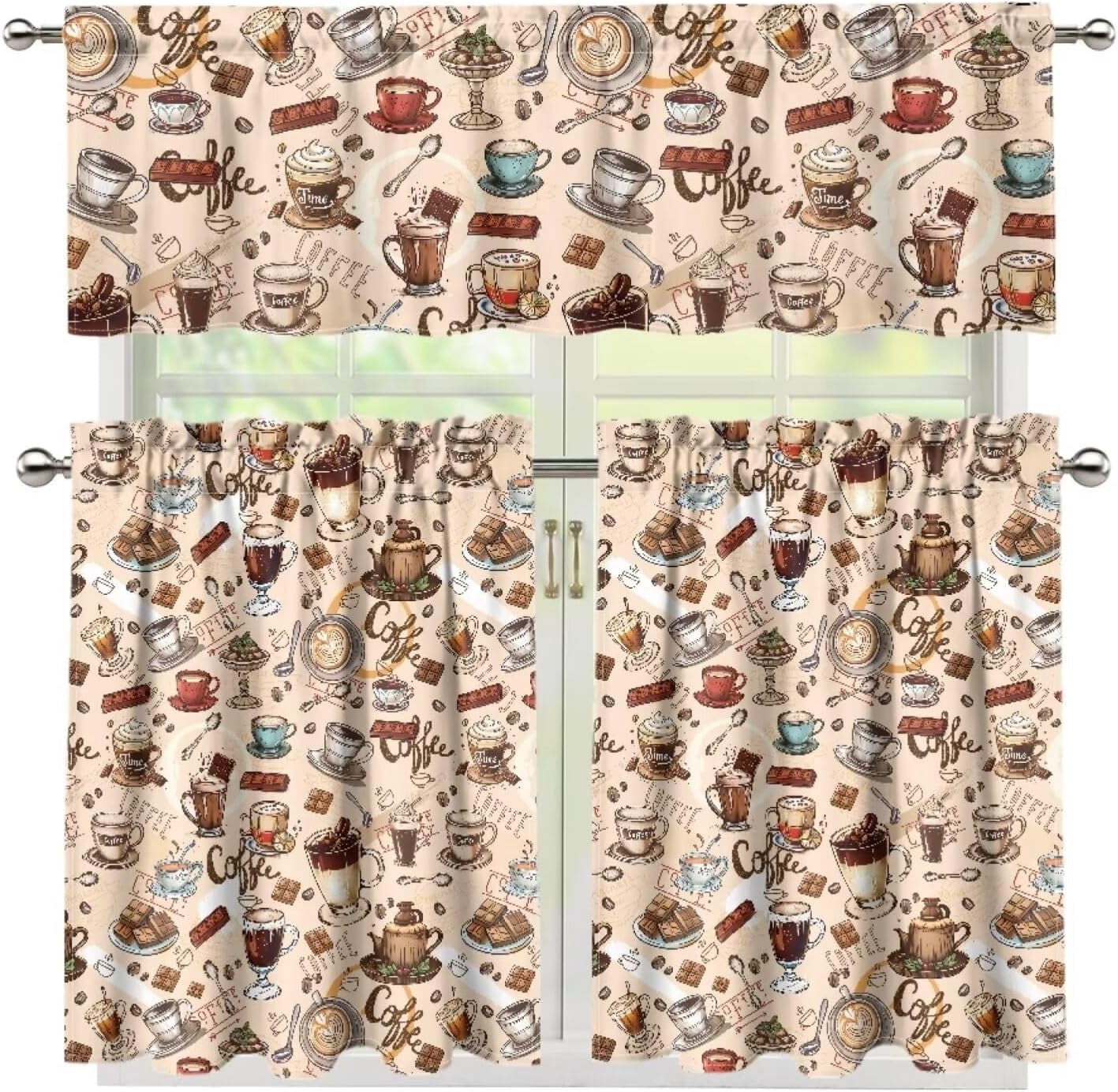 Coffee Theme Kitchen Curtains Set for Window Curtains Valance Set of 3,Cute Dwarf 24 Inch Length Tier Curtains Cafe Bar Window Curtains, Rod Pocket,Easy to Install,Size M