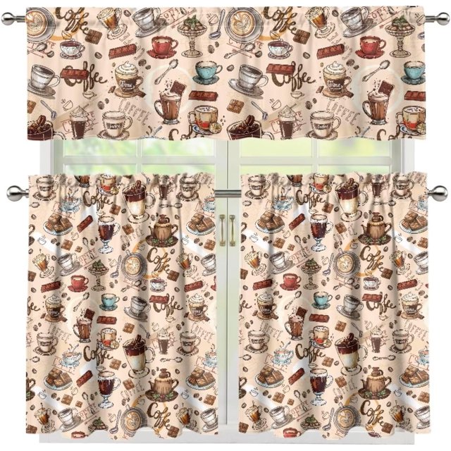 Coffee Theme Kitchen Curtains Set for Window Curtains Valance Set of 3,Cute Dwarf 24 Inch Length Tier Curtains Cafe Bar Window Curtains, Rod Pocket,Easy to Install,Size M