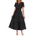 thumbnail image 4 of Meichang Robes Midi d'Été pour Femmes à Manches Courtes, Encolure en V Fendue, Taille Plissée, Robe Trapèze, Évasée, Décontractée, à Étages, Longue, Robes d'Invitée de Mariage, 4 of 9