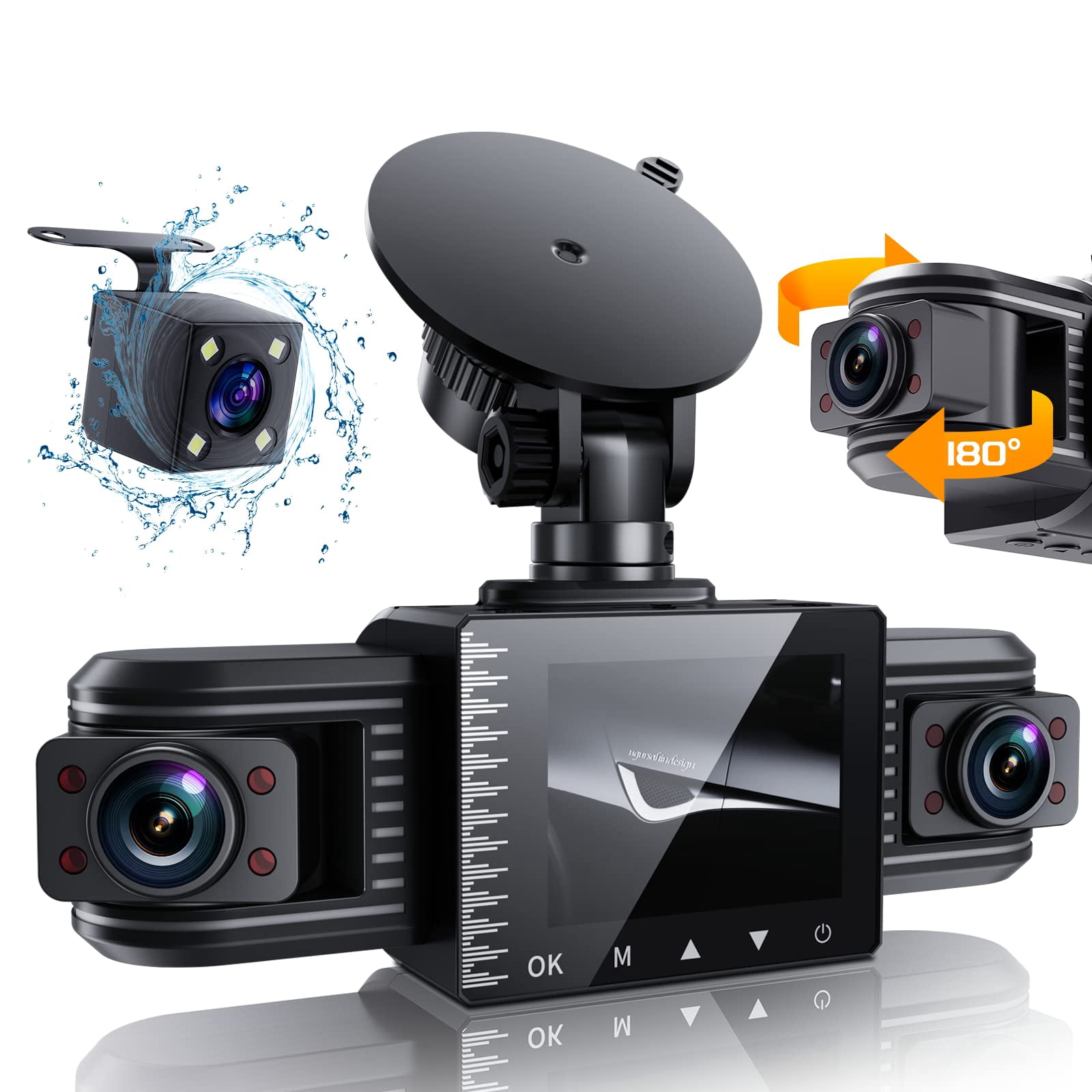 iiwey T1-pro Dash Cam Front and Rear Inside 3 Channel 1080P, Adjustable Lens Dash Camera for Cars with 8 IR Lamps Night Vision, Three Ways Triple Car Camer