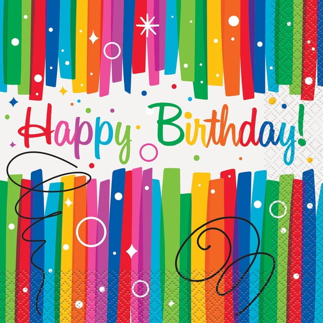 Unique Serviettes de Table de Fête Arc-en-Ciel avec des Rayures Verticales Vibrantes aux Couleurs de l'Arc-en-ciel Encadrant le Texte Multicolore « Happy Birthday! », Décorées de Pois Blancs, de Cercles et d'Accentures Tourbillonnantes Noires, Jetables et Idéales pour la Vaisselle et les Célébrations de Fête d'Anniversaire.