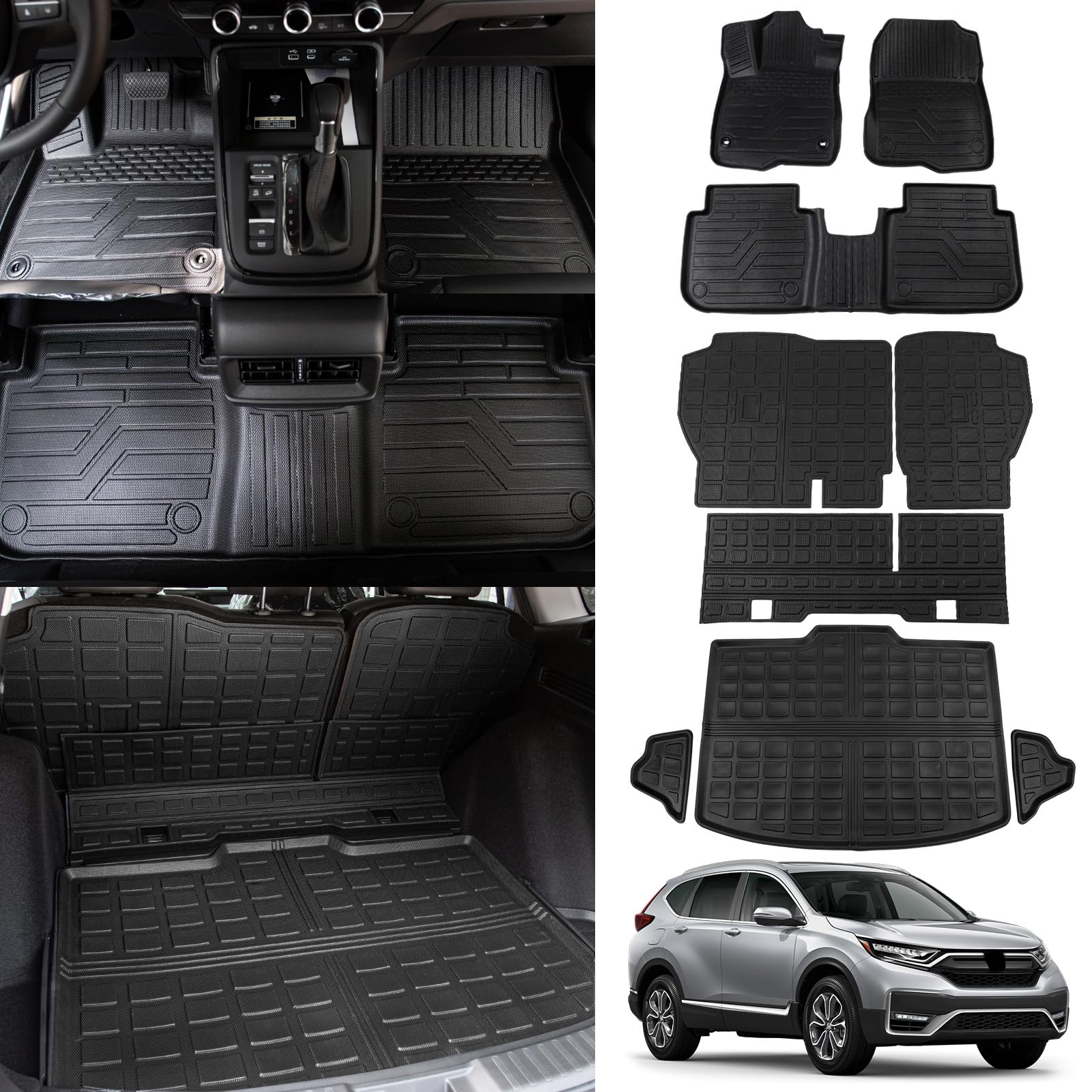 Thinzyou Floor Mats Compatible with 2023 2024 2025 Honda CRV Cargo Mats Liner TPE Back Seat Cover Trunk Mats Fuel 2024 CR-V Accessories Non-Hybrid (Lower Deck, Trunk Mat+Backrest Mats+Floor Mats)