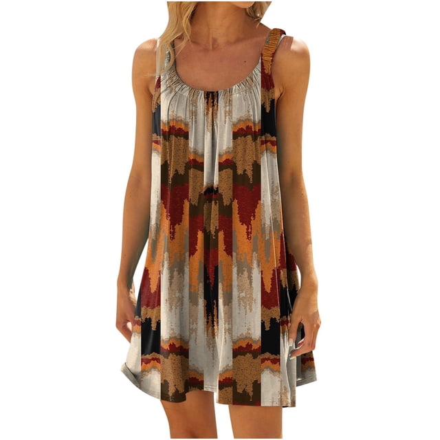 CEHVOM Women Plus Size CasualPrinted Round-Neck Short Sleeve Loose Knee-Length Dres