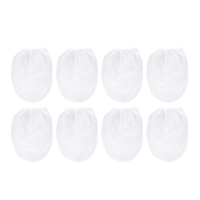 8pcs Paint Strainer Bag Elastic Opening Strainer Bag Paint Filter Bag 5 Gallon. A set of eight white polyester and nylon filter bags with fine mesh and elastic openings, designed for secure fit over buckets. Perfect for filtering paint and coatings, commonly used in art supplies and paint kits.