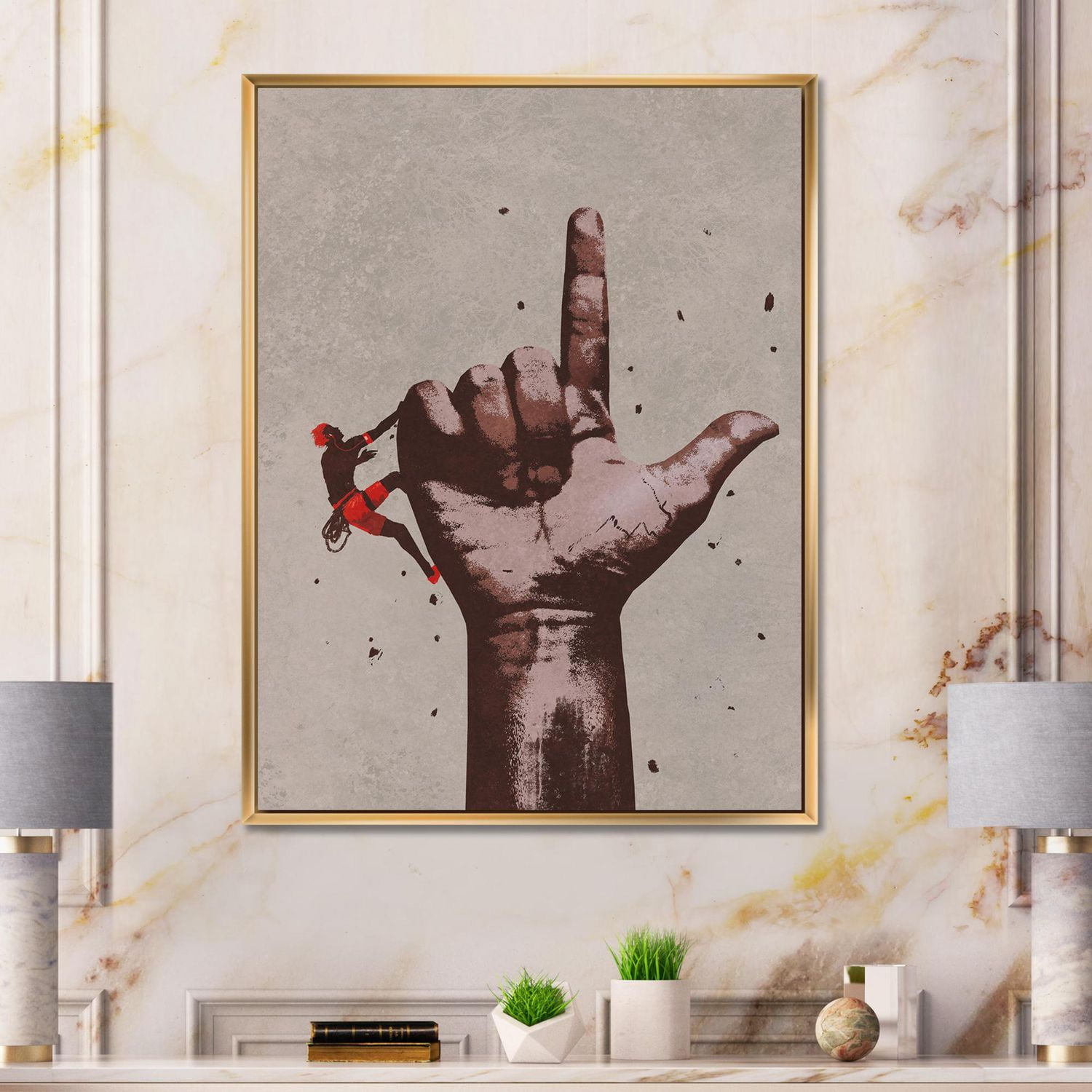 Designart Doigt pointant vers le haut signe avec grimpeur ART MURAL À CADRE FLOTTÉ