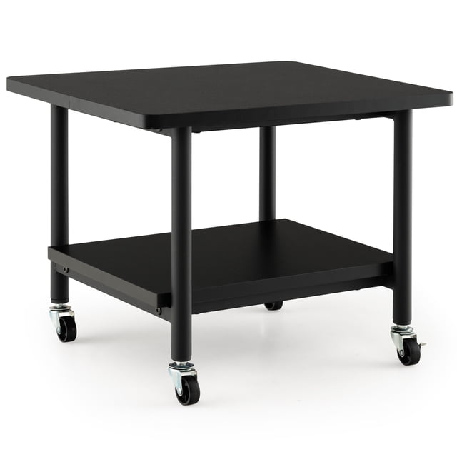 Gymax Support d'Imprimante avec Rangement, table d'Imprimante Noire sous le Bureau Présentant un design à 2 Niveaux avec un Plateau Épaissi et une Tablette Inférieure pour un Rangement Supplémentaire. Faite de Bois d'Ingénierie et de Métal, Elle Comprend 4 Roues, 2 avec Freins, pour la Mobilité et un placement Sécuritaire. Dimensions : 19 Pouces de long, 16 Pouces de Large et 15 Pouces de Haut.