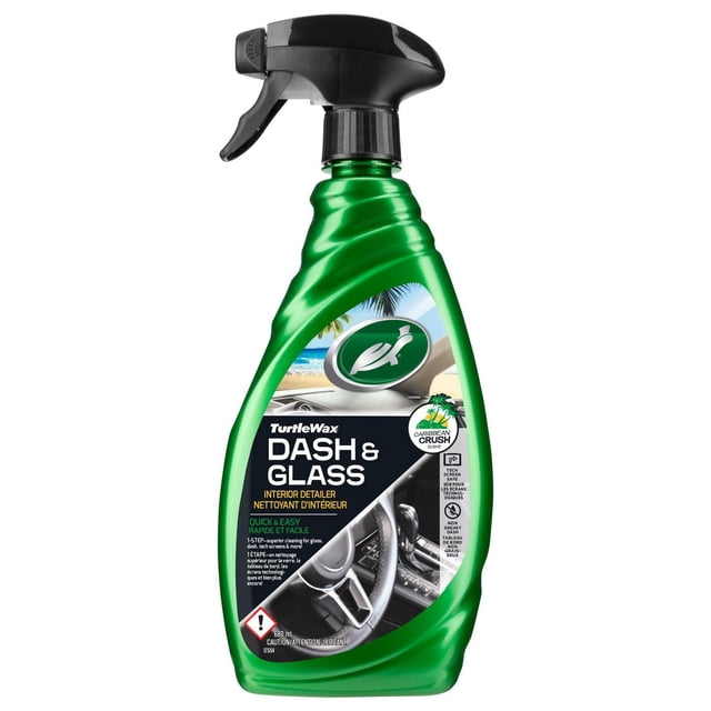 Turtle Wax Car Dash & Glass Cleaner in a green spray bottle with black trigger, a multi-purpose interior detailer for dashboards, glass, and touchscreens, offering quick, streak-free cleaning and a Caribbean Crush scent.
