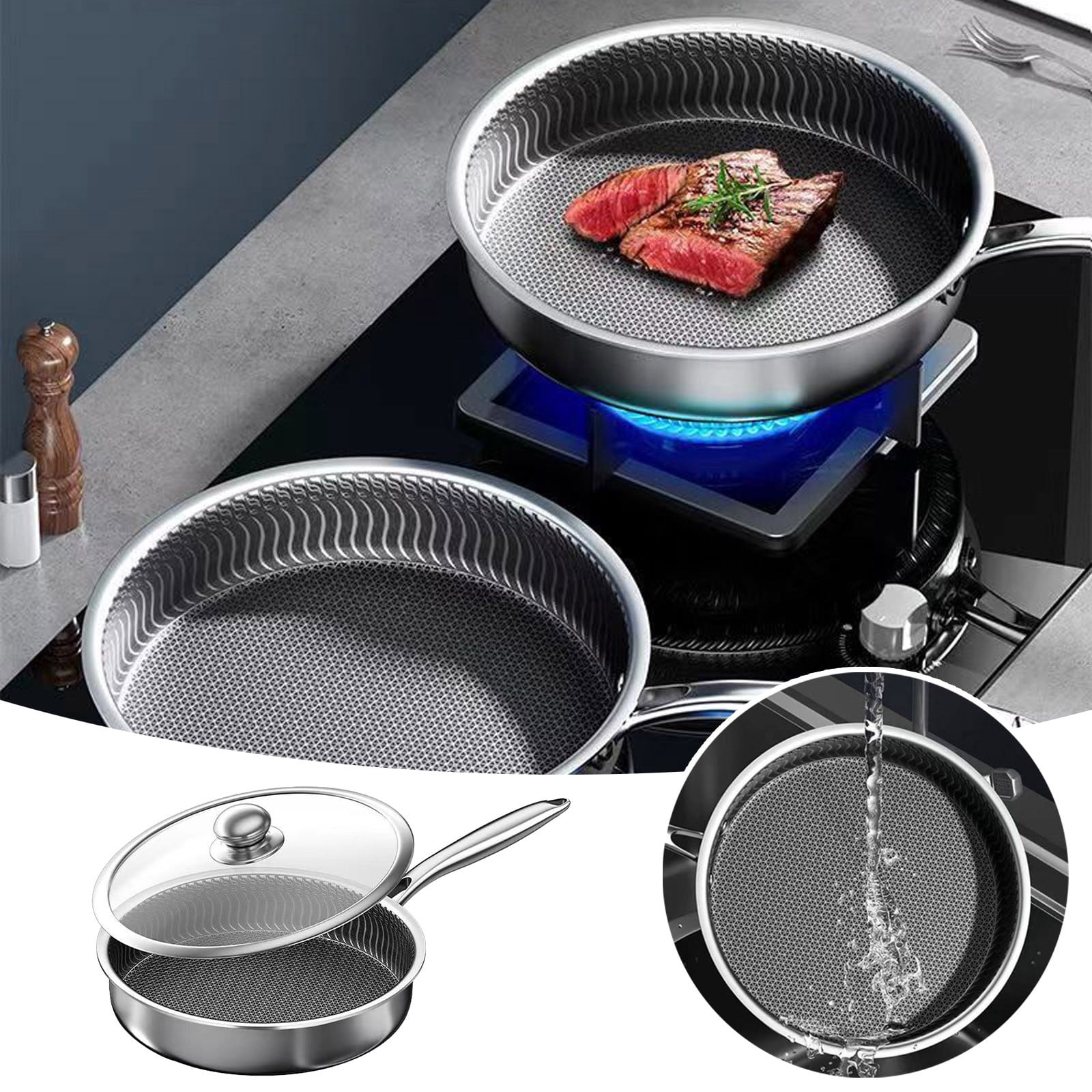 Non-Stick Pan For Cooking Stainless Steel Frying Pan With Lid Suitable For Home And Outdoor Use Easy To Clean And Durable Ideal For Eggs And Steaks