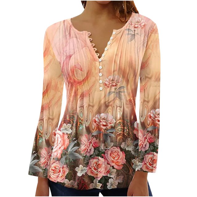 Pompotops Mode Femme Été Aguichant Pli Imprimé Régulier Femme Manches Longues Col en V Bouton Haut en Solde
