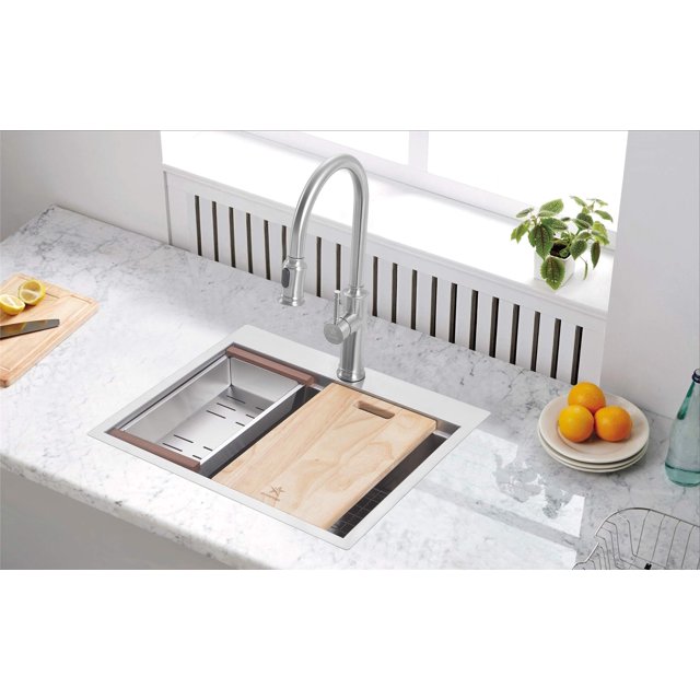 STARSTAR Workstation Ledge Topmount/Drop-in Single Bowl 304 Stainless Steel Kitchen/Yard/Bar/Laundry/Office Sink, With Grid, Colander, Cutting Board, Strainer (23 x 20 x 9-Wood Colander)