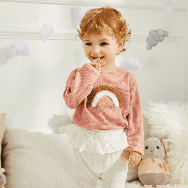 PatPat Baby Boy/Girl Rainbow Pattern Waffle Long-sleeve Pullover Sweatshirt