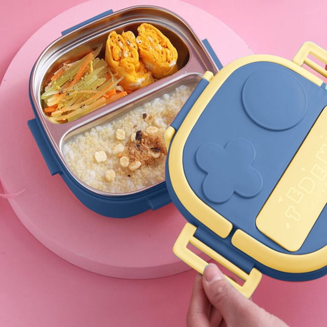 WIFKLSIIPG Two Grid Portable School Lunch Box Bento Thermal Insulated Food Container Stainless Steel Insulated Square Lunch Box for Travel Office for Girls Boys