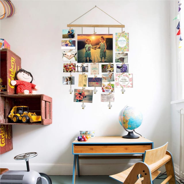 Wall Photo Holder with Clips Hanging Photo Display Rack with Crystal Pendants Photo Organizer for Living Room Bedroom Hotel Coffee House