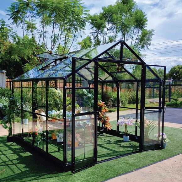 TMG Industrial Alpine Series 9' x 9' Greenhouse, 8' Height, Expandable Aluminum Frame, Tempered Glass Walls and Polycarbonate Roof, Quick-Connect Assembly, TMG-GHA0909
