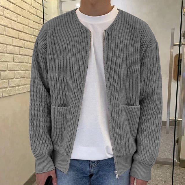 RXIRUCGD Cardigan à Col Rond en Tricot Uni en Velours Paon pour Homme, Coupe Décontractée, Chandail à Fermeture Éclair, Gris, Taille : 5TG