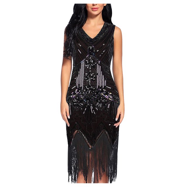 EGNMCR Robes de Soirée pour Femmes, Robes Formelles pour Femmes, Robe à Col Rond Sans Manches à Paillettes avec Franges et Pompons pour le Printemps et l'Été pour Femmes, Robe de Fête, Banquet, Danse, Robe Courte, Robe pour Femmes
